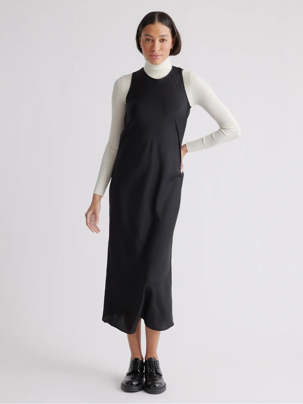 Quince Washable Stretch Silk Tank Midi Dress Black Keyhole Sleeveless Slip M